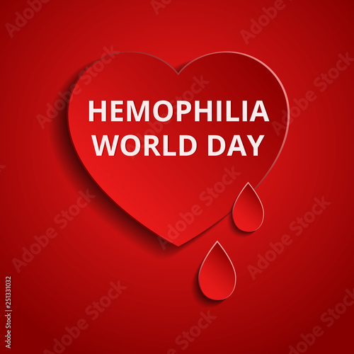 World Hemophilia Day card 17 april. Paper art vector illustration contains red bleeding heart on red background. Medical concept in the care of patients with hemophilia 