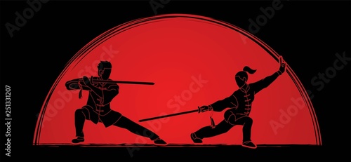 Man and woman pose with swords ready to fight Kung Fu cartoon graphic vector.
