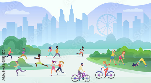 Physical sport outdoors activity in city public park. People are running, cycling and doing yoga. Sport and fitness, healthy lifestyle concept vector illustration.
