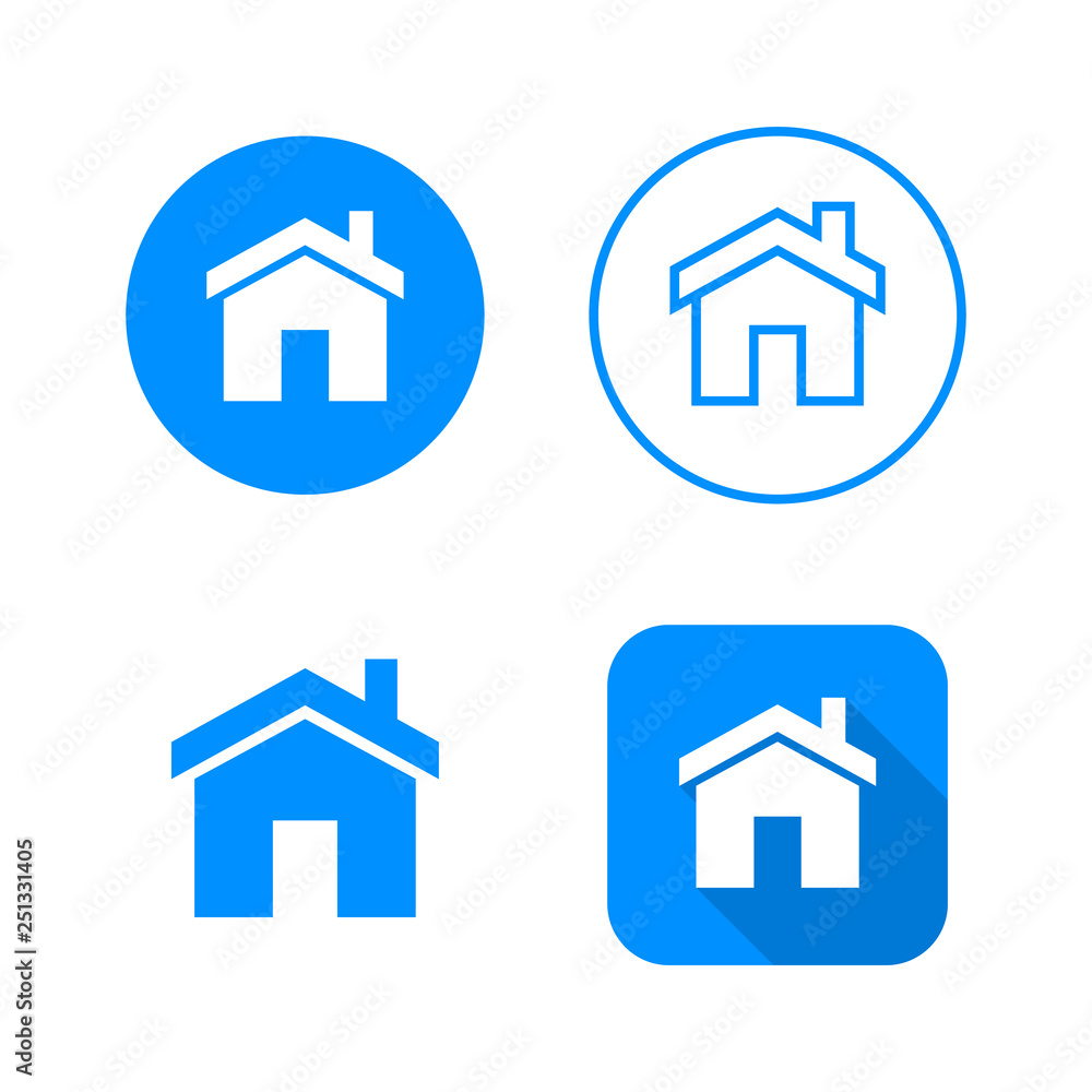 Home icon, four variants, classic symbol, icon in circle, outlined symbol in circle, and flat icon with long shadow Home icon, four variants, classic symbol, icon in circle, outlined symbol in circle, and flat icon with long shadow