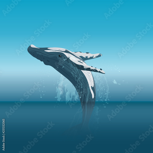 Jumping cartoon humpback whale in the ocean vector illustration.