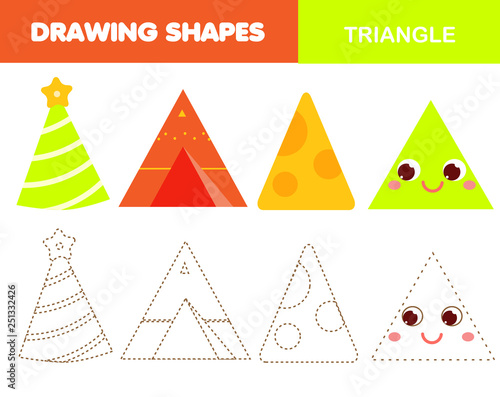 Learning geometric shapes for kids. Triangle. Handwriting practice figures and forms. Educational worksheet for children and toddlers.