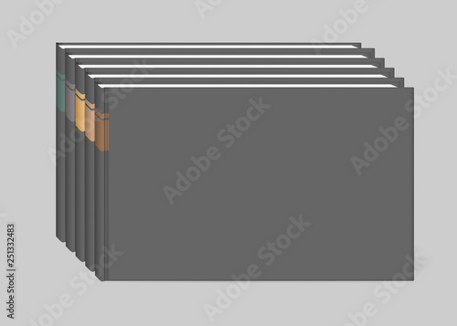 Row of blank closed hardcover album books, realistic mockup. Front cover and spine. Vector template