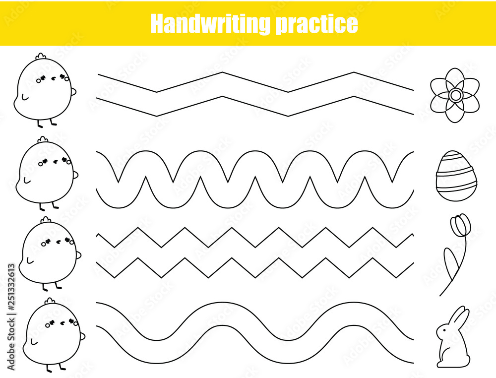 Handwriting practice sheet. Educational children game. Basic writing skills  early education. Easter theme worksheet for kids Stock Vector