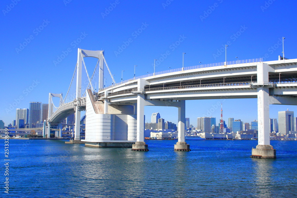 Tokyo Bay and Bridge (Rainbow Bridge) seen from Odaiba Park (TOKYO, JAPAN) お台場公園から撮影した東京湾と橋(レインボーブリッジ) Tokyo Bay and Bridge (Rainbow Bridge) seen from Odaiba Park (TOKYO, JAPAN) お台場公園から撮影した東京湾と橋(レインボーブリッジ)