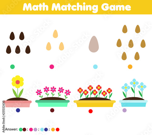 Mathematics educational game for children. Match seeds and flowers. Counting game for pre school kids and toddlers