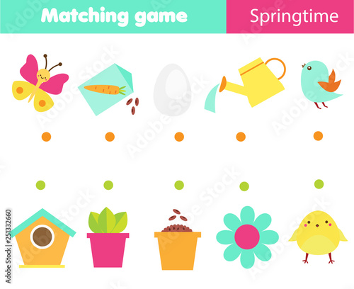 Children educational game. Logic matching game. Connect objects. Springtime theme activity for kids and toddlers