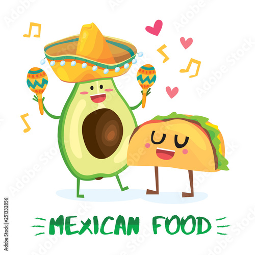 Mexican food characters: avocado and taco