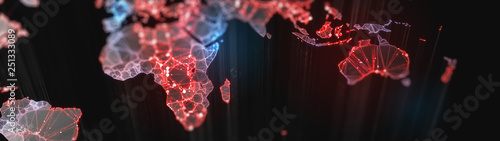 Digital mainlands from space. Cities and countries connected by plexus light lines. Virtual continents. Creative technology, ultra wide background. Concept of transfering information. 3d rendering