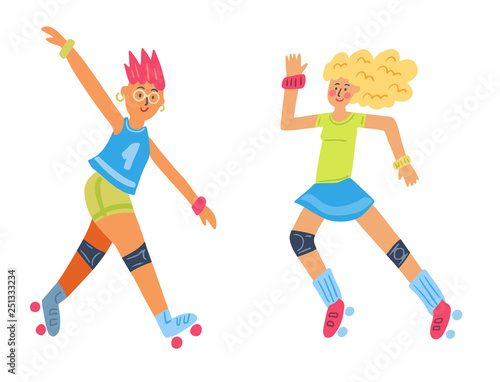 Set of girl woman roller derby characters isolated on white