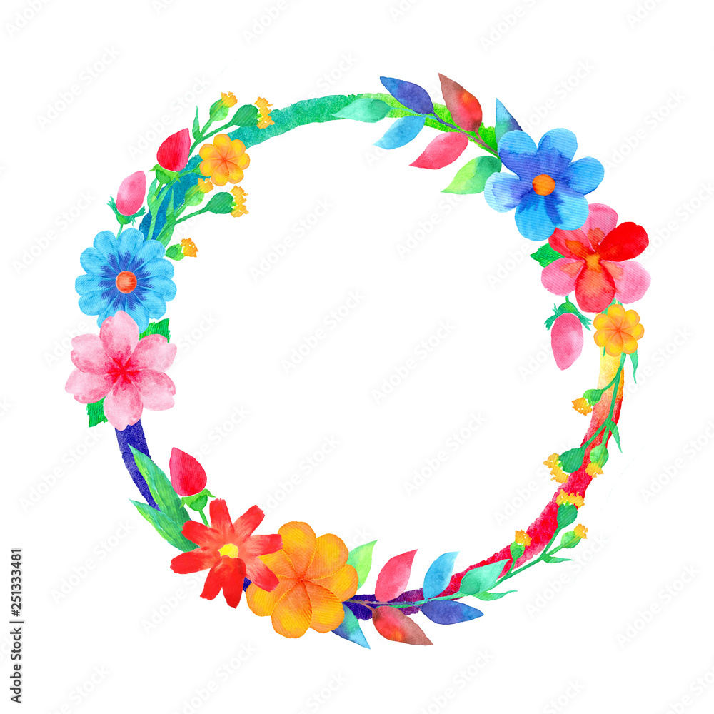 Colorful watercolor floral bouquets in the shape of a circle isolated on white background. Hand-drawn illustration