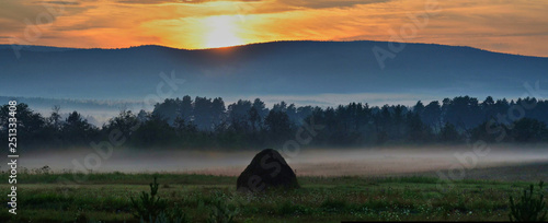 Summer evening. Fog appears in the lowlands. It becomes cool and damp. Smells like herbs and berries