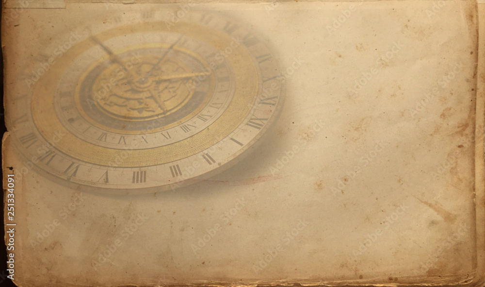 Vintage clock background, old time retro steampunk canvas paper map