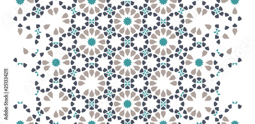 Arabesque seamless vector pattern. Geometric halftone texture with color tile disintegration or breaking