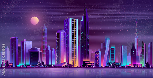 Metropolis night skyline with illuminated skyscrapers, cottage houses or public buildings on city quay shore and full moon in starry sky neon cartoon vector illustration. Urban architecture background