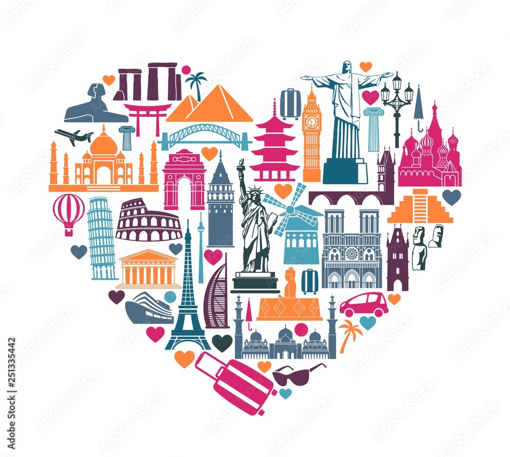Heart of symbols Icons world tourist attractions and architectural landmarks