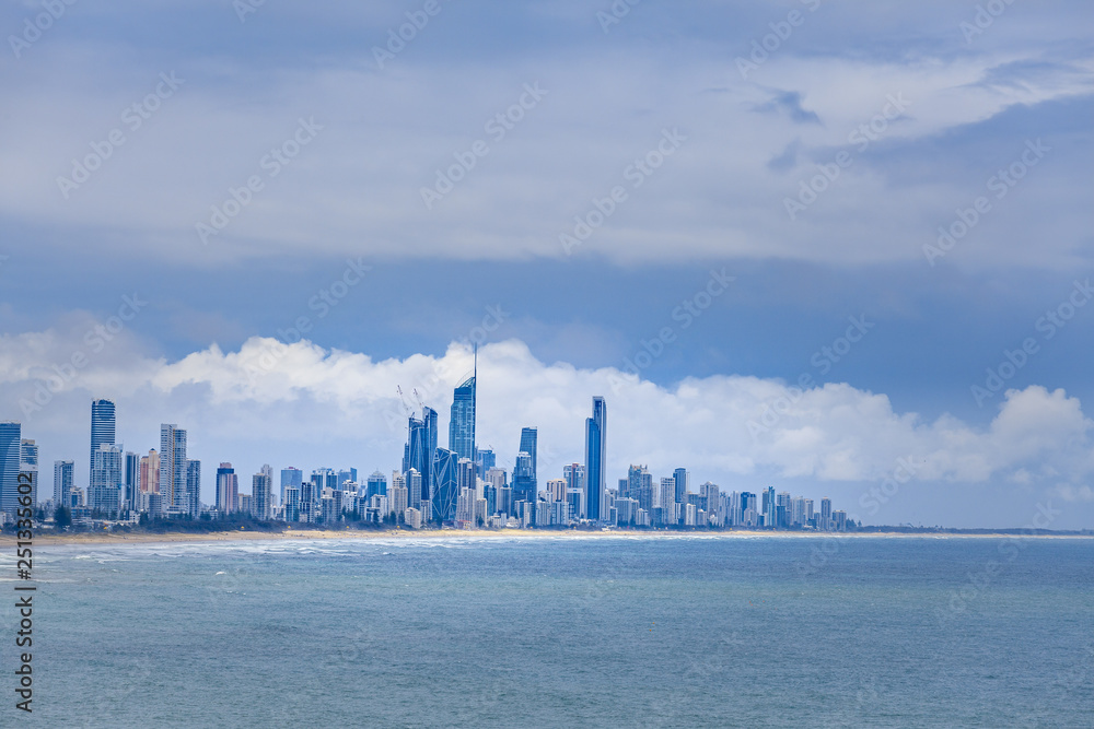 Gold Coast skyscrapers city skyline over ocean with copy space Gold Coast skyscrapers city skyline over ocean with copy space