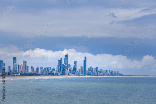 Gold Coast skyscrapers city skyline over ocean with copy space