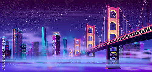 Vector big hinged bridge and mist on the water. Modern megapolis on river, fog. Night architecture background with glowing buildings in cartoon style. Urban skyscrapers in neon colors, town exterior.