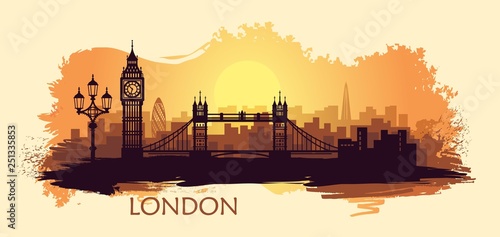 Stylized landscape of London with with big Ben, tower bridge and other attractions