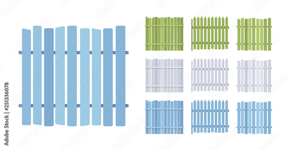 Fence wooden barrier set, home and land protection element. Outdoor boundary enclosing or bordering a field, yard. Vector flat style cartoon illustration isolated, white background, different views Fence wooden barrier set, home and land protection element. Outdoor boundary enclosing or bordering a field, yard. Vector flat style cartoon illustration isolated, white background, different views