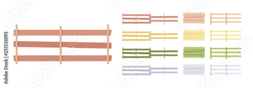 Fence wooden barrier set, home and land, cottage protection element. Planks security from passersby, solid board. Vector flat style cartoon illustration isolated, white background, different views