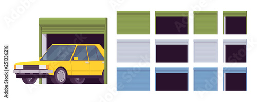 Garage doors, metal roller system set, car entrance to building housing a vehicle. Contemporary suburban home design. Vector flat style cartoon illustration isolated, white background, different views