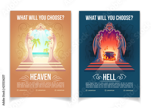Religious movement, Christianity church or teaching cartoon vector advertising brochure, booklet pages template with heaven and hell gates with figures of praying angels and horned demons illustration