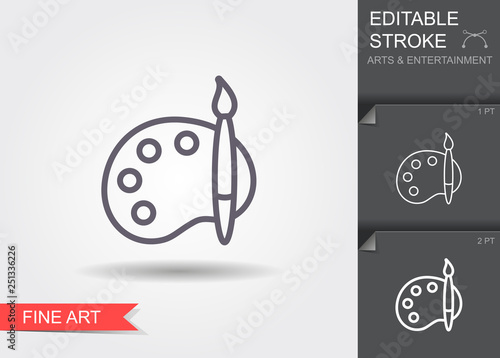 Palette with brush. Line icon with shadow and editable stroke