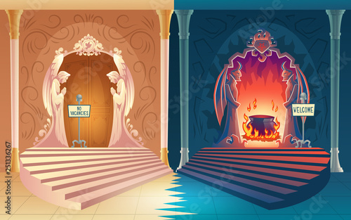 Punishment for sinful life cartoon vector concept. Closed heaven gates with no vacancies sign, welcome sign board on opened hell entrance leading to boiling pot in fire illustration. Afterlife payoff