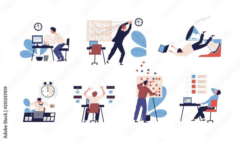Obraz premium Bundle of people unable to organize their tasks and failing to fit them in schedule. Set of scenes with inefficient and ineffective time management and multitasking. Flat cartoon vector illustration.