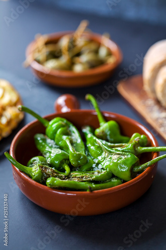 Authentic Spanish tapas with padron peppers and traditional tortilla