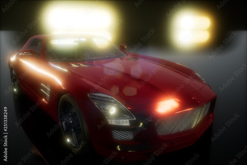 Naklejka premium luxury sport car in dark studio with bright lights