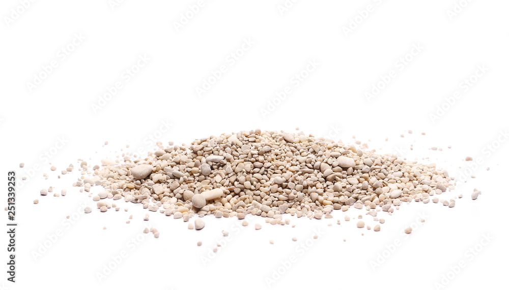Desert sand pile with pebbles, rocks isolated on white background and texture, with clipping path Desert sand pile with pebbles, rocks isolated on white background and texture, with clipping path