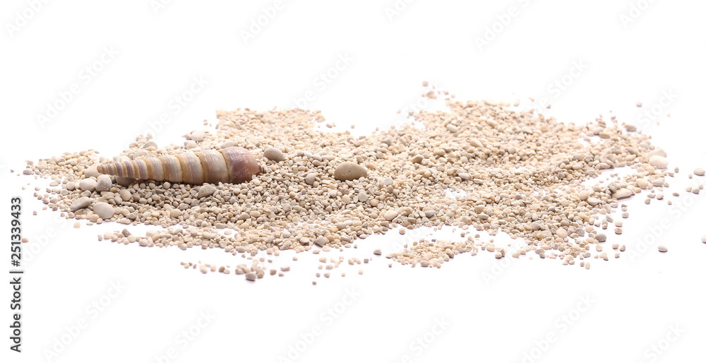 Sand with pebbles, rocks and seashells isolated on white background Sand with pebbles, rocks and seashells isolated on white background