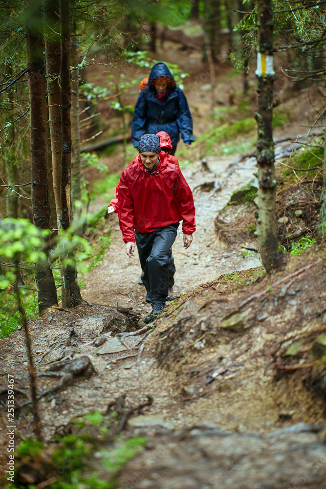 People in raincoats hiking