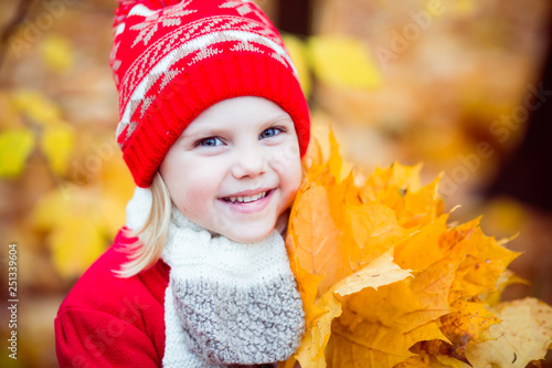 little girl 4 years old in a red hat and coat walking in autumn park in October  during the golden autumn with a bouquet of yellow maple leaves smiling