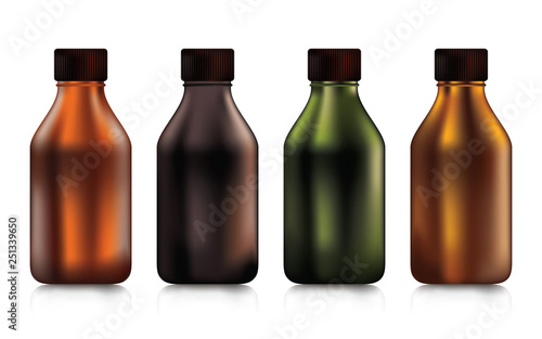 Set of plastic bottles in small size for food drink or medicine and cosmetic on a white background.
