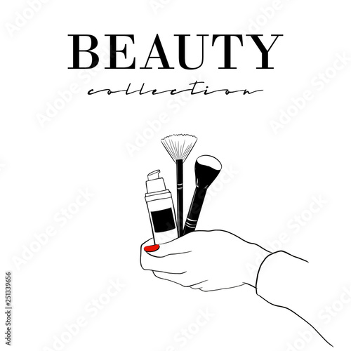 Beauty cosmetics banner. Women's hand with Foundation cream and makeup face brush. Illustration of female hand with cosmetical accessories and red nails. Vector fashion and makeup design elements.