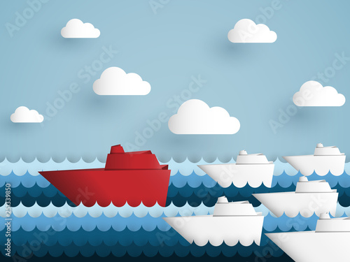 Leadership concept with origami red battleship leading.