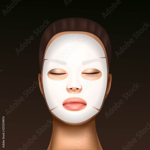 vector illustration of a realistic face of a young beautiful girl with a cosmetic moisturizing facial mask against the black dots