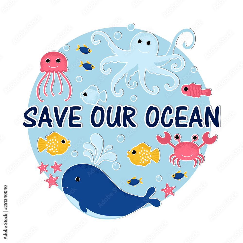 Vector Illustration. Ocean animal design background. Banner with cartoon sea animal. Ecological background;octoppus, sea star, jellyfish, fish, crab Vector Illustration. Ocean animal design background. Banner with cartoon sea animal. Ecological background;octoppus, sea star, jellyfish, fish, crab