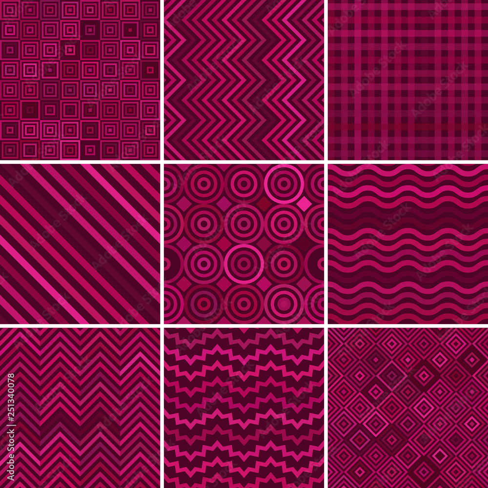 Set with nine purple seamless abstract geometric pattern, vector illustration