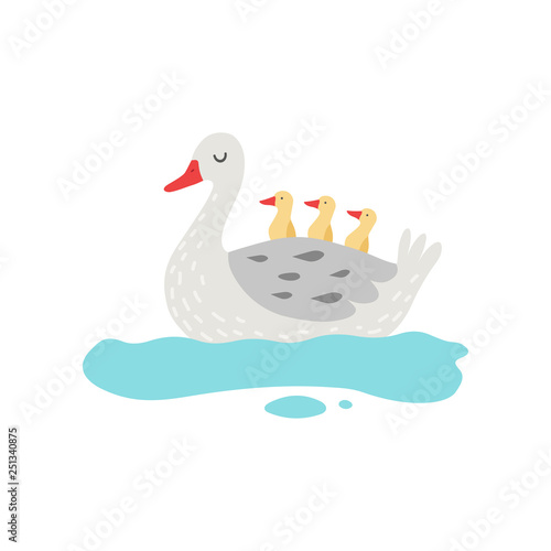 Beautiful White Goose Cartoon Character Swimming in Pond with Goslings Vector Illustration