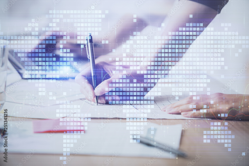 Double exposure of World map polygonal with person writing in notepad. Globalization concept. Double exposure of World map polygonal with person writing in notepad. Globalization concept.