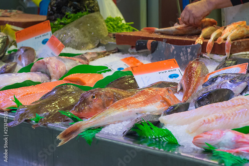 Different fish in a traditional market in Bilbao, Spain