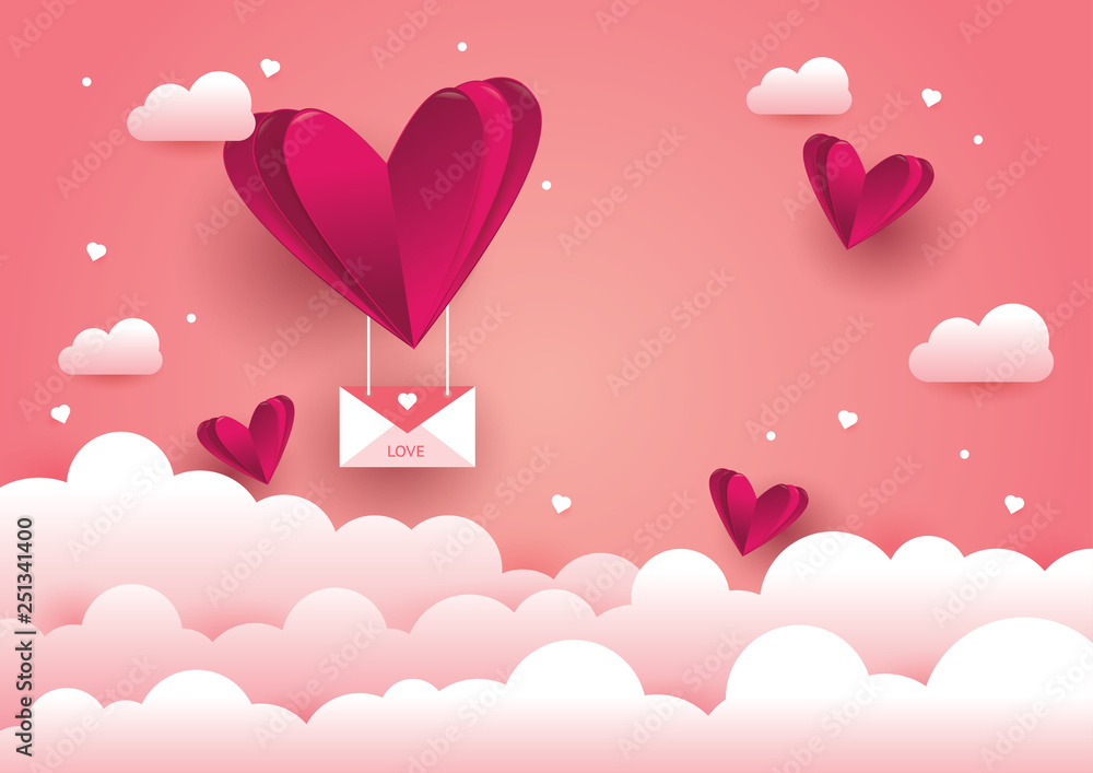 Paper shape of heart flying on pink background. Vector illustration of love for Happy Women's, Mother's, Valentine's Day