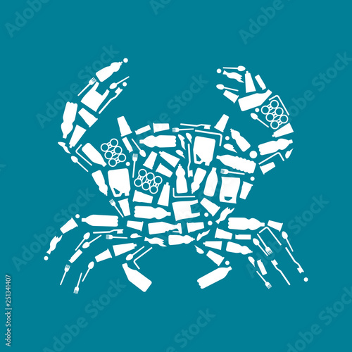 Ocean plastic pollution. Ecological poster Crab composed of white plastic waste bag, bottle on blue background. Plastic problem.