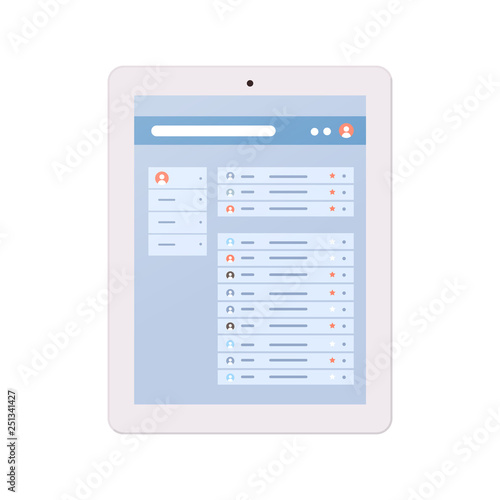contact list of people social network concept tablet select contacts screen chatting and messaging mobile application flat white background
