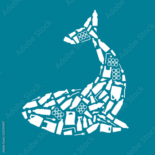 Ocean plastic pollution. Ecological poster. Whale composed of white plastic waste bag, bottle on blue background. Plastic problem